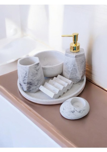 6'lı Mermer Desenli Beton Banyo Seti Sıvı Sabunluk Diş Fırçalığı Aksesuar Takımı modelleri