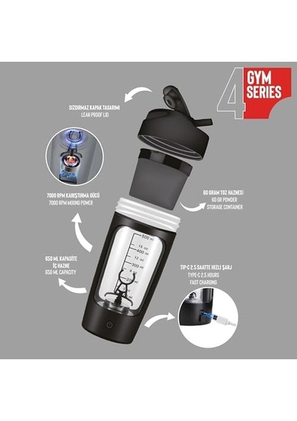 Stevig 4 Gym Şarj Edilebilir Elektrikli Protein Shaker 650 ml Black ST-225 modelleri