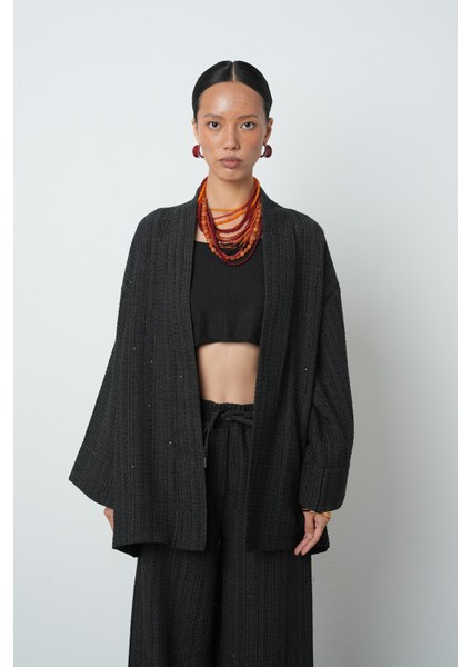 Kadın Düz Renk Simli Rahat Kalıp Tesettür Kimono