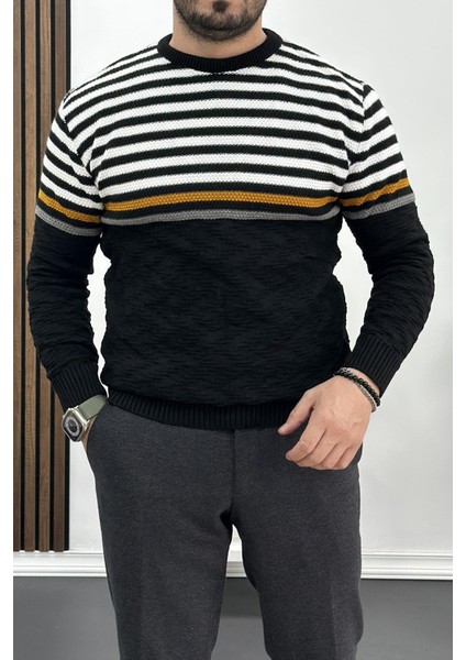 Erkek Çizgili Bisiklet Yaka Slim Fit Triko Kazak Siyah EDW019