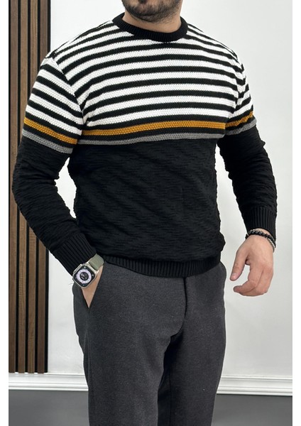 Erkek Çizgili Bisiklet Yaka Slim Fit Triko Kazak Siyah EDW019 fiyatları