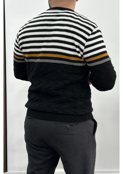 Erkek Çizgili Bisiklet Yaka Slim Fit Triko Kazak Siyah EDW019 modelleri