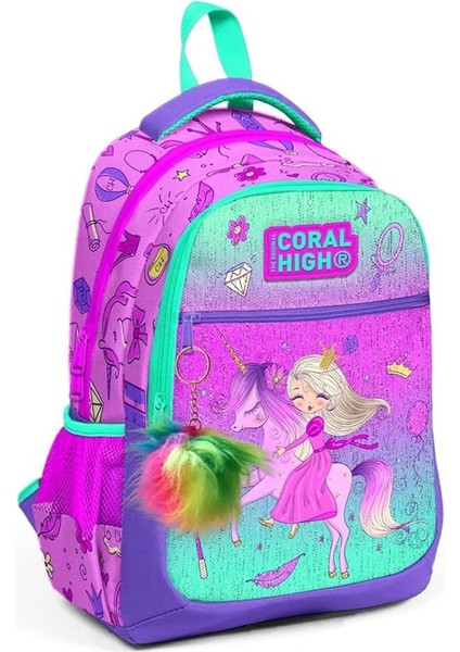 High Üç Gözlü Kız Çocuk Ilk ve Orta Okul Çantası - Pembe Yeşil Unicorn ve Prenses