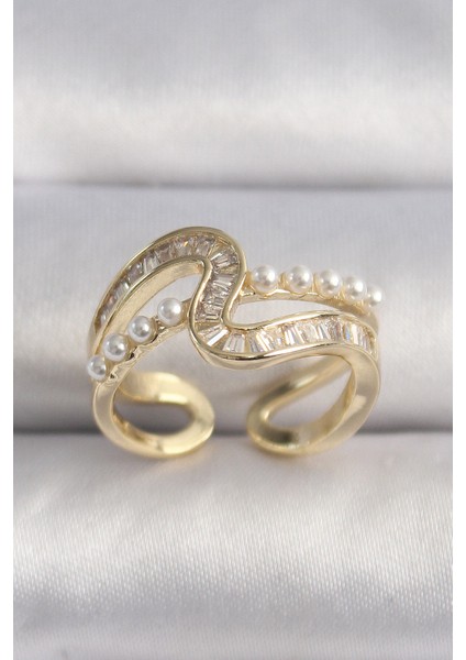 Pirinç Gold Renk Zirkon Taşlı İnci Detay VIP Seri Kadın Yüzük