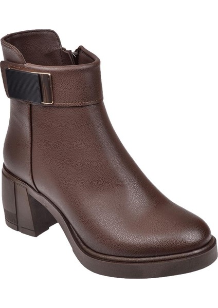 Kalın Topuklu Fermuarlı Kadın Bot SMS-5282 Kahve