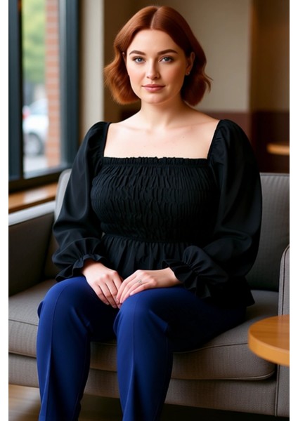 Kadın Lacivert Kare Yaka Büzgülü Kol Gipeli Dokuma Bluz A Line Siluet Crop Boy Feminine Tarz fiyatları