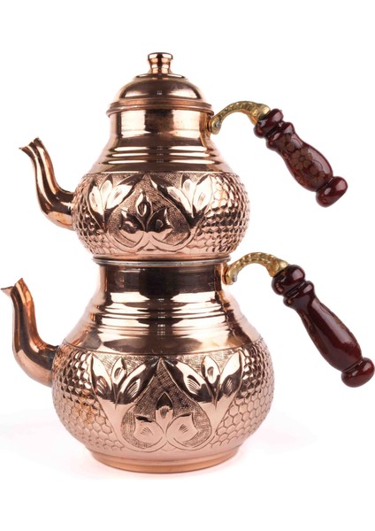 Bakır Çaydanlık Lale-Zımba Işlemeli Orta Boy- 0.80 mm Sac- 1.8 Lt +0,8 Lt