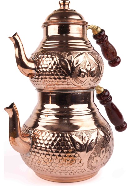 Bakır Çaydanlık Lale-Zımba Işlemeli Orta Boy- 0.80 mm Sac- 1.8 Lt +0,8 Lt fiyatları