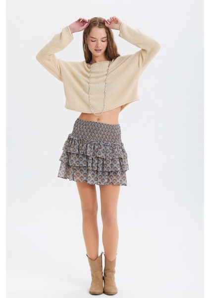 Etnik Desenli Katmanlı Şifon Mini Etek Gri