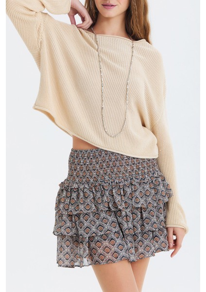 Etnik Desenli Katmanlı Şifon Mini Etek Gri indirimleri