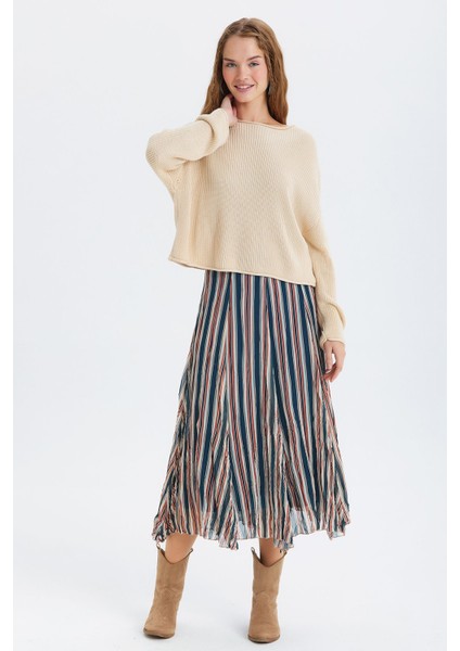 Çizgili Şifon Midi Etek Turuncu - Lacivert