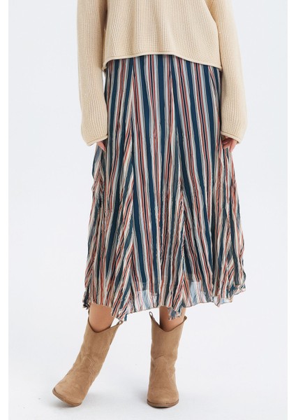 Çizgili Şifon Midi Etek Turuncu - Lacivert fiyatları