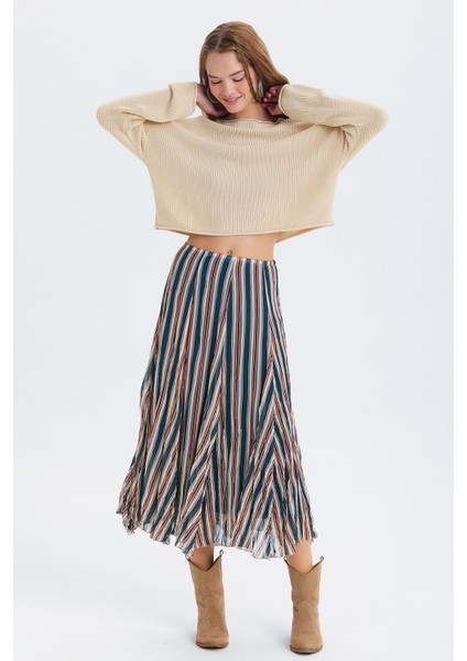 Çizgili Şifon Midi Etek Turuncu - Lacivert modelleri