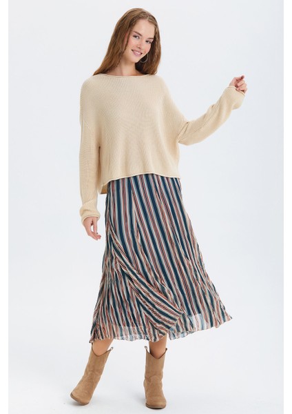 Çizgili Şifon Midi Etek Turuncu - Lacivert fırsatları