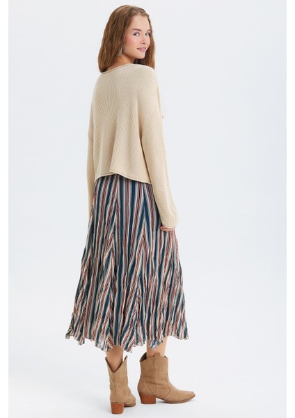 Çizgili Şifon Midi Etek Turuncu - Lacivert indirimleri