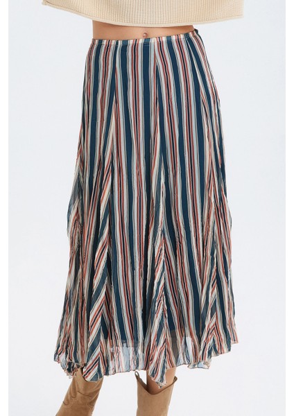 Çizgili Şifon Midi Etek Turuncu - Lacivert