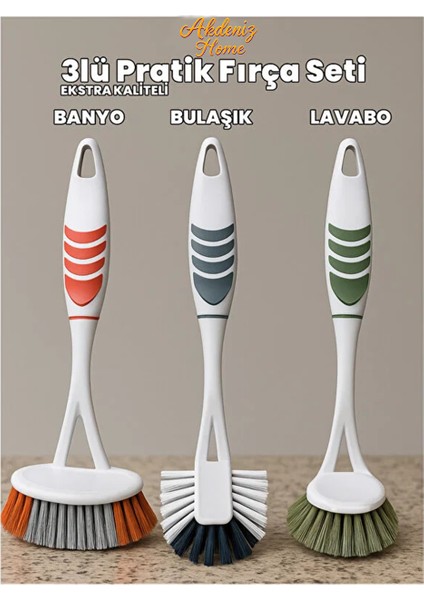 3’lü Pratik Temizlik Fırça Seti – Banyo, Duşakabin, Küvet, Lavabo ve Bulaşık Için
