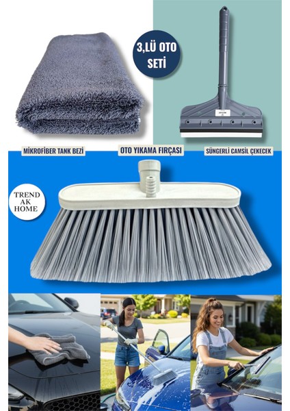3,lü Oto Yıkama ve Temizleme Seti - Oto Yıkama Fırçası - Tank Bezi - Camsil Çekecek