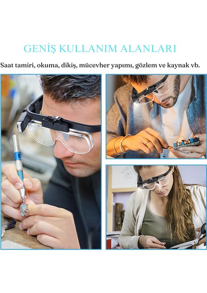 3 Lens 2 LED Işıklı Gözlük Tipi Büyüteç USB Şarjlı Büyüteç 1.5x–4.5x Profesyonel Okuma Hobi Için modelleri