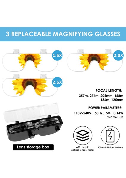 3 Lens 2 LED Işıklı Gözlük Tipi Büyüteç USB Şarjlı Büyüteç 1.5x–4.5x Profesyonel Okuma Hobi Için
