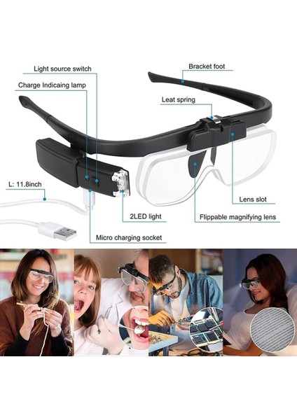3 Lens 2 LED Işıklı Gözlük Tipi Büyüteç USB Şarjlı Büyüteç 1.5x–4.5x Profesyonel Okuma Hobi Için