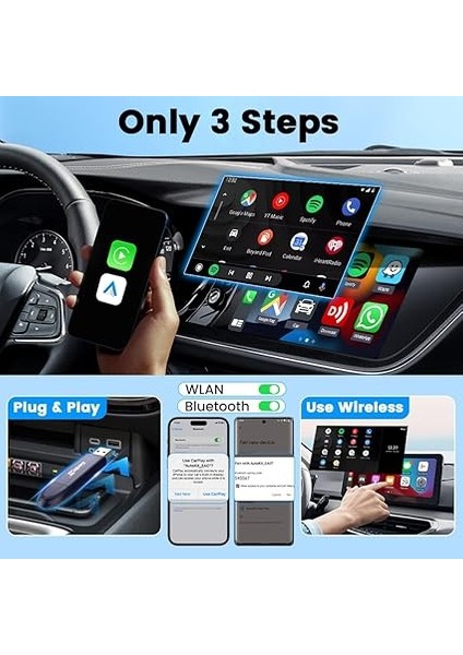 iPhone ve Android Mını5 Pro Için Kablosuz Carplay Adaptörü, Tak ve Çalıştır, Kablosuz, Otomatik Bağlantı, Çevrimiçi Yükseltme, Siri Voice & Google Voice, Kablolu Carplay ve Android Otomobil modelleri
