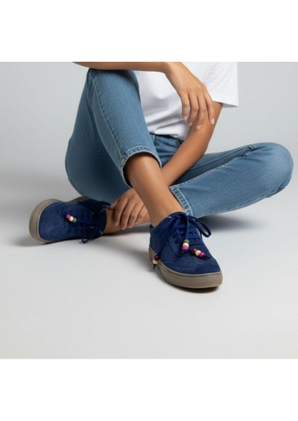 Lacivert Süet Hakiki Deri Bağcıklı Kadın Günlük Sneaker