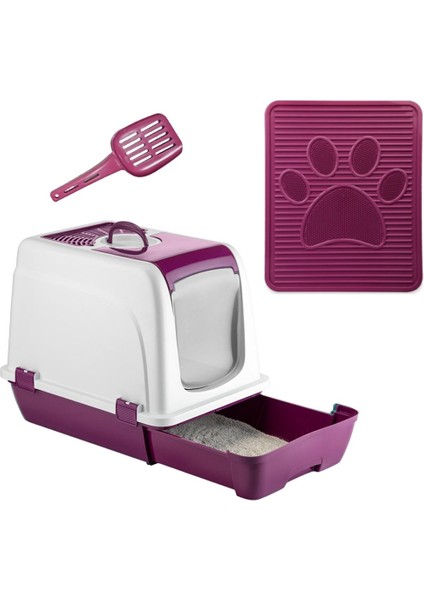Orta Boy Çekmeceli Kapalı Kedi Tuvaleti Paspas ve Kürek Hediyeli