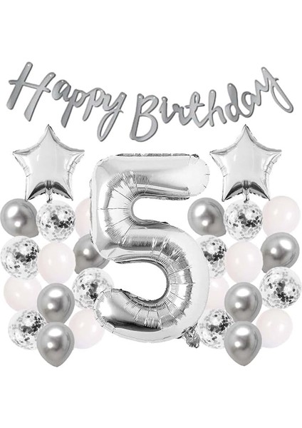 Gitti Gümüş Konsept Doğum Günü Kutlama Seti Beyaz Gümüş Konfetili Balon Rakam Yıldız Folyo ve Banner (5 Yaş)