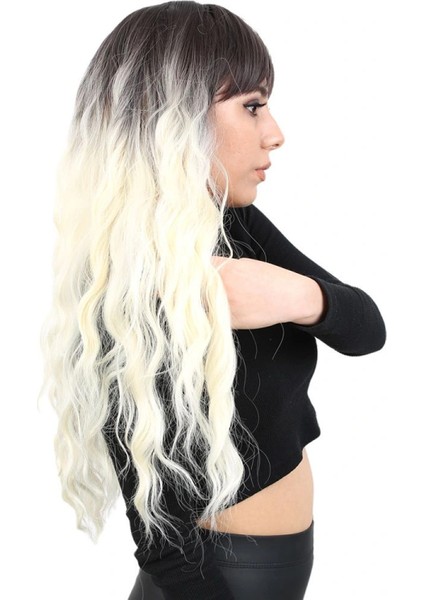 Perçemli Uzun Su Dalgası Fiber Sentetik Peruk - Küllü Siyah / Platin Ombreli fırsatları