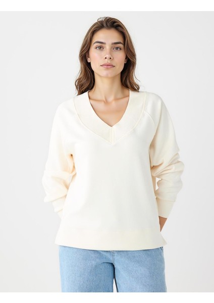 Ekru Uzun Kollu V Yaka Örme Modal Sweatshirt fiyatları