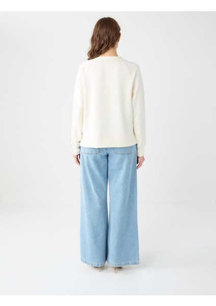 Ekru Uzun Kollu V Yaka Örme Modal Sweatshirt indirimleri