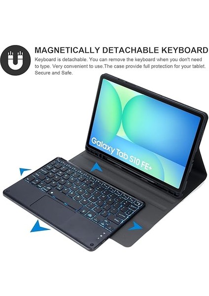 Samsung Galaxy Tab S10 Fe+ Plus 13,1 Inç 2025 Model (SM-X620/X626), 7 Renkli Aydınlatma, Çıkarılabilir Bluetooth Almanca Qwertz Klavye, Kalem Tutucu ve Fareli, Mavi modelleri