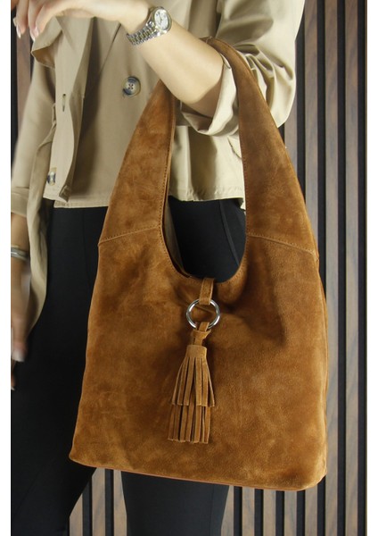 Taba Hakiki Dana Süet Püsküllü Manyetik Kapaklı Orta Boy Günlük Omuz Çantası fırsatları