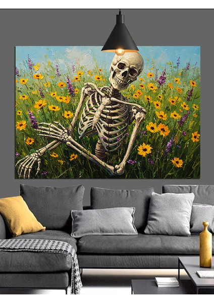 Iskelet ve Sarı Çiçekler Dekoratif Kanvas - Mdf Ahşap Tablo fiyatları