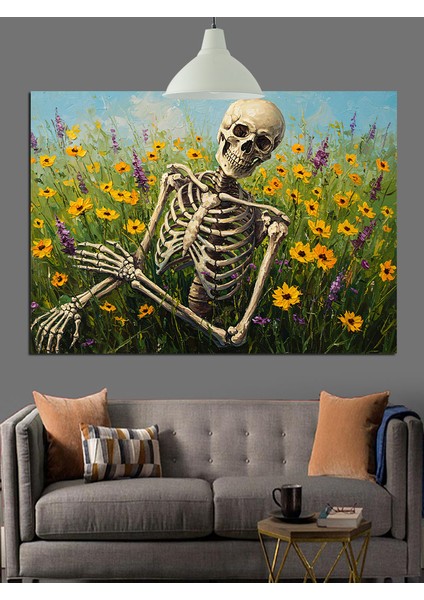 Iskelet ve Sarı Çiçekler Dekoratif Kanvas - Mdf Ahşap Tablo modelleri