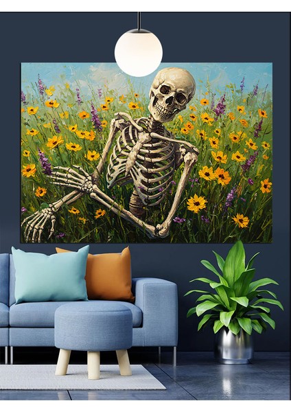 Iskelet ve Sarı Çiçekler Dekoratif Kanvas - Mdf Ahşap Tablo indirimleri