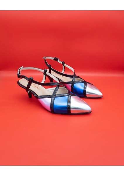 Sevora Renkli Şeritli Metalik Topuklu Kadın Ayakkabı Modern ve Konforlu Büyük Numara