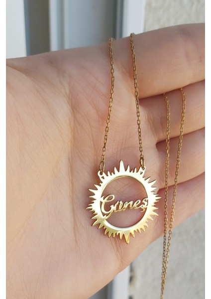 925 Ayar Gümüş 24 Ayar Altın Kaplama Isimli Güneş Kolye