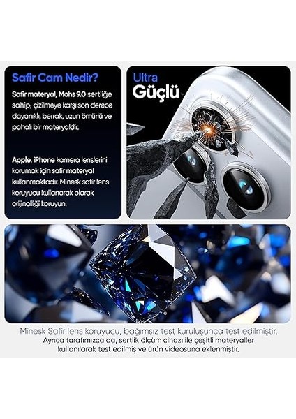 iPhone 16 Pro-16 Pro Max ve 17 Pro-17 Pro Max ile Uyumlu Orijinal Safir Cam (%99.9 Saflıkta Gerçek Safir) Cihazın Kendi Lensleri ile Aynı Materyal Lens Koruyucu Kamera Camı (Gümüş) modelleri