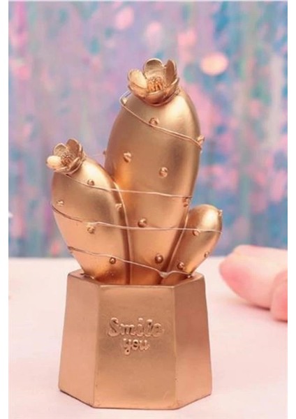 LED Işıklı Sevimli Kaktüs Dekoratif Masa Ası Mini Biblo Gece Ası Gold