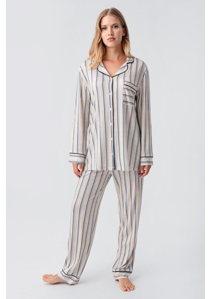 Uzun Kollu Çizgili Düğmeli Esnek Viskoz Pijama Takım
