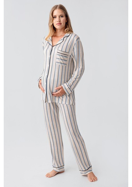 Uzun Kollu Çizgili Düğmeli Esnek Viskoz Pijama Takım modelleri