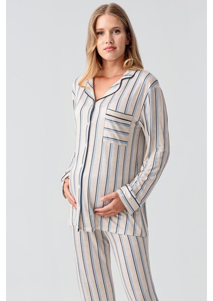 Uzun Kollu Çizgili Düğmeli Esnek Viskoz Pijama Takım fırsatları