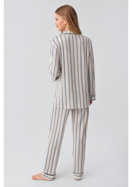 Uzun Kollu Çizgili Düğmeli Esnek Viskoz Pijama Takım indirimleri