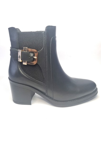 Kadın Hakiki Deri 7 cm Topuklu El Yapımı Tokalı Şık Günlük Bot – Siyah Cilt / Taba Süet