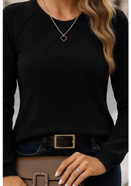 Kadın Uzun Kollu Bisiklet Yaka Geometrik Desenli Triko Bluz fiyatları