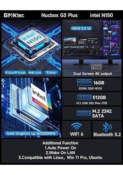 G3 Plus Intel N150, 16GB Ddr4, 512GB M.2 Ssd, Wi-Fi6, Bt 5.2, WIN11 Pro Mini Pc fiyatları