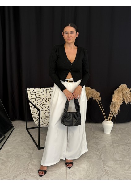 Çift Düğmeli V Yaka Triko Bluz