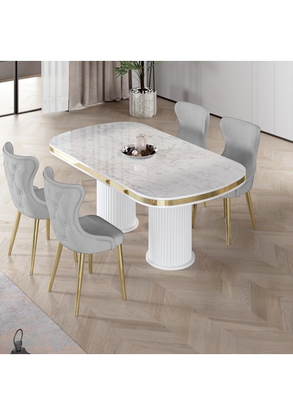 Galya Serisi Lak Panel 90X168 Sabit Beyaz Mermer Desen Mutfak Masa Takımı 4 Sandalye